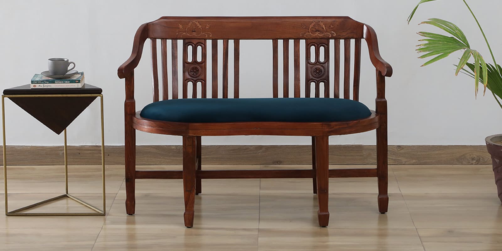 Aakruti Scratch Resistant Teak Wood 2 Seater Sofa In Teal Colour