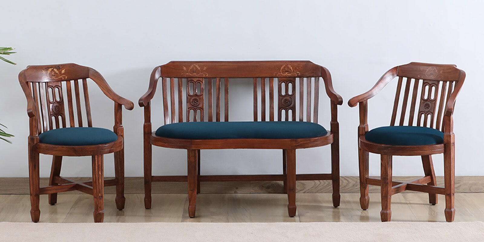 Aakruti Scratch Resistant Teak Wood Sofa Set (2+1+1) In Teal Colour