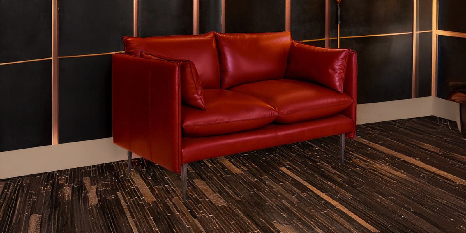 Aara Leather Two Seater Sofa in Red Colour Aara Leather Two Seater Sofa in Red Colour