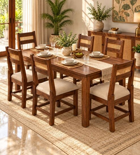 Aakar 6 Seater Dining Set In Provincial Teak Finish With Beige Colour Chair
