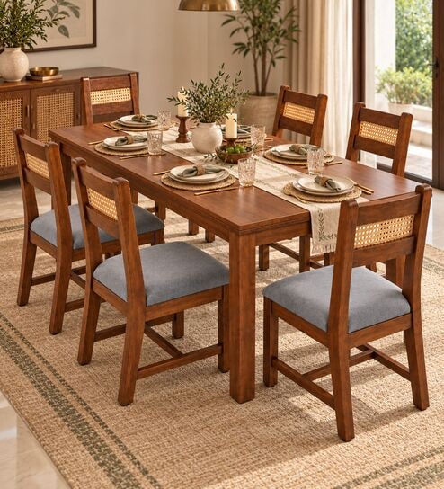 Aakar 6 Seater Dining Set In Provincial Teak Finish With Grey Colour Chair