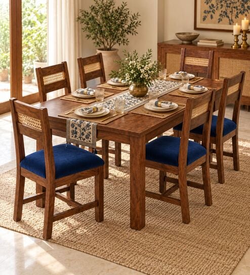 Aakar 6 Seater Dining Set In Provincial Teak Finish With Navy Blue Colour Chair