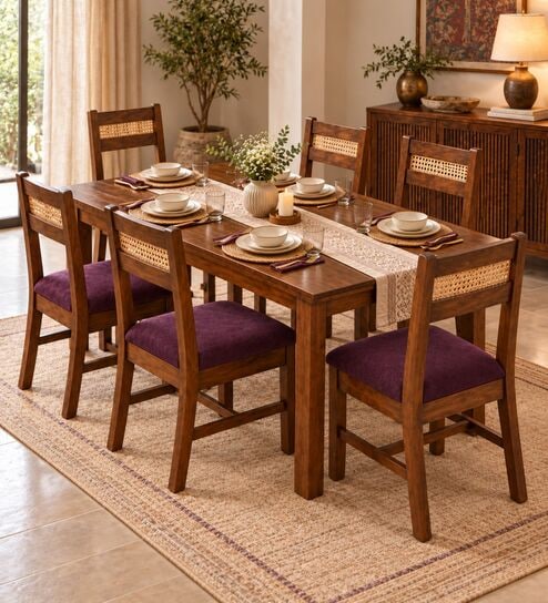 Aakar 6 Seater Dining Set In Provincial Teak Finish With Plum Colour Chair
