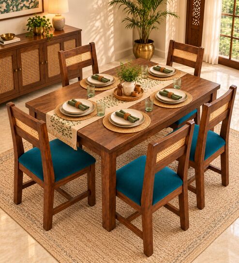 Aakar 6 Seater Dining Set In Provincial Teak Finish With Teal Green Colour Chair