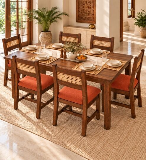Aakar 6 Seater Dining Set In Provincial Teak Finish With Terracotta Orange Colour Chair