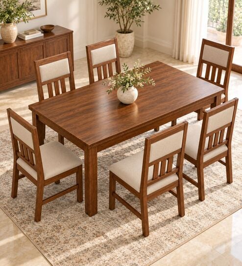 Aalaya 6 Seater Dining Set In Provincial Teak Finish With Beige Colour Chair
