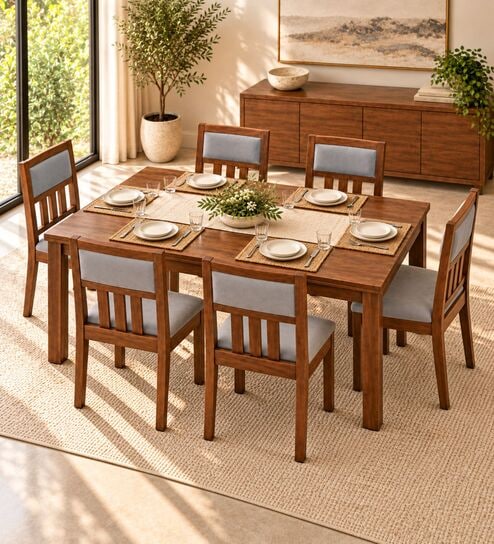 Aalaya 6 Seater Dining Set In Provincial Teak Finish With Grey Colour Chair
