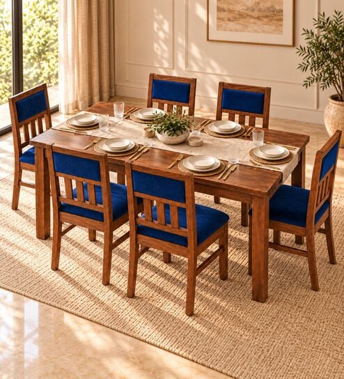 Aalaya 6 Seater Dining Set In Provincial Teak Finish With Navy Blue Colour Chair