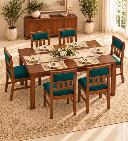 Aalaya 6 Seater Dining Set In Provincial Teak Finish With Teal Green Colour Chair
