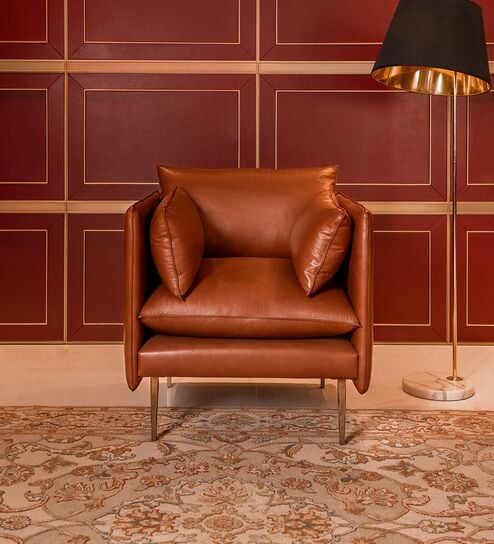 Aara Leather Single Seater Sofa in Tan Colour