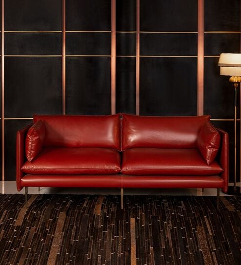Aara Leather Three Seater Sofa in Red Colour