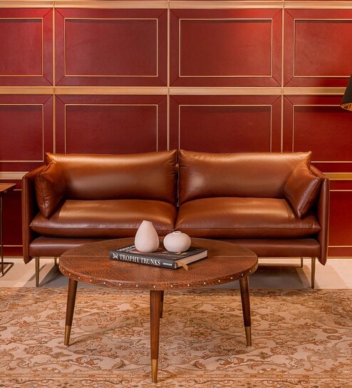 Aara Leather Three Seater Sofa in Tan Colour