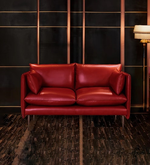 Aara Leather Two Seater Sofa in Red Colour