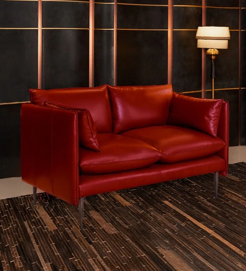 Aara Leather Two Seater Sofa in Red Colour