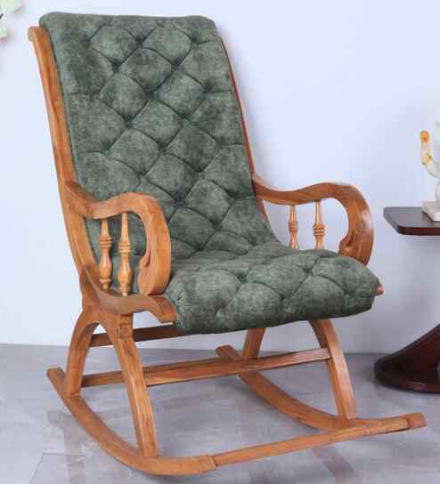 Aarava Fabric Upholstered Teak Wood Rocking Chair In Teak Forest Finish