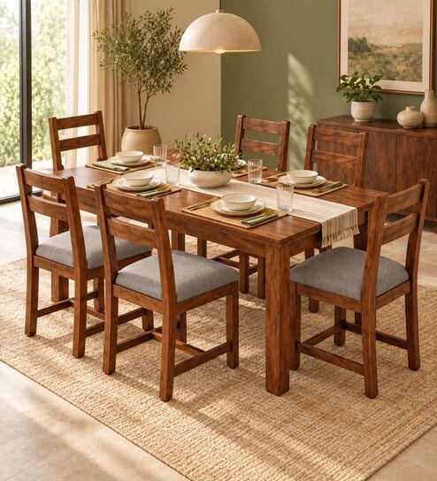Aaroh 6 Seater Dining Set In Provincial Teak Finish With Grey Colour Chair