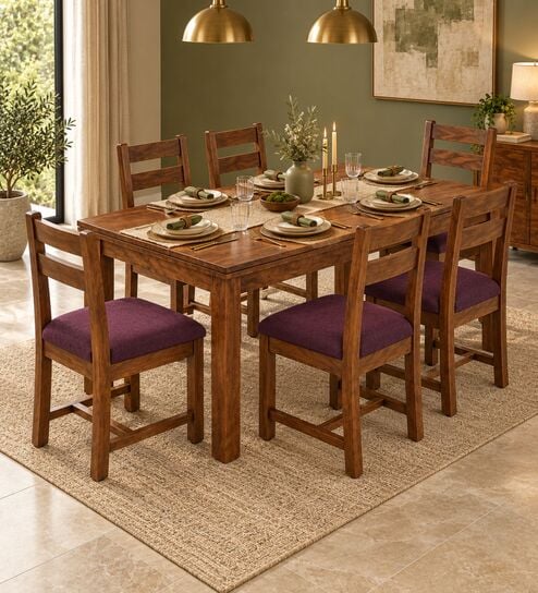 Aaroh 6 Seater Dining Set In Provincial Teak Finish With Plum Colour Chair
