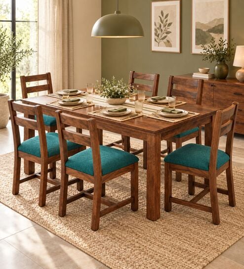 Aaroh 6 Seater Dining Set In Provincial Teak Finish With Teal Green Colour Chair