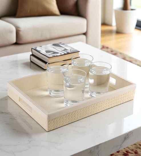 Off-White Premium Faux Leather Rectangular Serving Tray