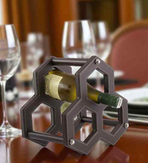 Studio Premium Faux Leather 3-Bottle Wine Rack Modern Hexagon Design Tabletop Wine Holder