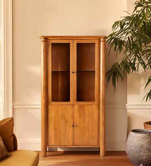 Aayam Glass Book Case With Led LightIn New Teak Dark Finish