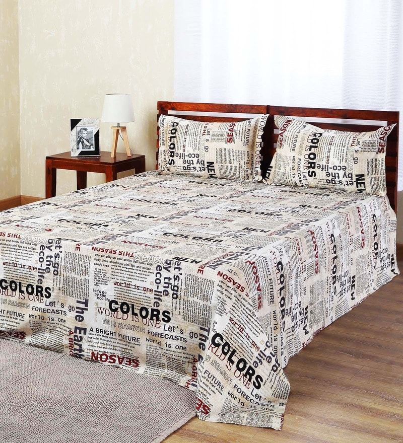 Buy Aapno Rajasthan White Cotton Newspaper Double Bed Sheet Set Online