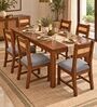 Aakar 6 Seater Dining Set In Provincial Teak Finish With Grey Colour Chair Aakar 6 Seater Dining Set In Provincial Teak Finish With Grey Colour Chair