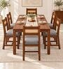 Aakar 6 Seater Dining Set In Provincial Teak Finish With Grey Colour Chair Aakar 6 Seater Dining Set In Provincial Teak Finish With Grey Colour Chair