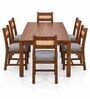 Aakar 6 Seater Dining Set In Provincial Teak Finish With Grey Colour Chair Aakar 6 Seater Dining Set In Provincial Teak Finish With Grey Colour Chair