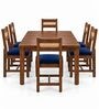 Aakar 6 Seater Dining Set In Provincial Teak Finish With Navy Blue Colour Chair Aakar 6 Seater Dining Set In Provincial Teak Finish With Navy Blue Colour Chair
