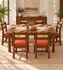 Aakar 6 Seater Dining Set In Provincial Teak Finish With Terracotta Orange Colour Chair Aakar 6 Seater Dining Set In Provincial Teak Finish With Terracotta Orange Colour Chair