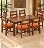 Aakar 6 Seater Dining Set In Provincial Teak Finish With Terracotta Orange Colour Chair Aakar 6 Seater Dining Set In Provincial Teak Finish With Terracotta Orange Colour Chair