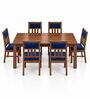 Aalaya 6 Seater Dining Set In Provincial Teak Finish With Navy Blue Colour Chair Aalaya 6 Seater Dining Set In Provincial Teak Finish With Navy Blue Colour Chair
