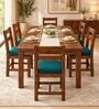 Aaroh 6 Seater Dining Set In Provincial Teak Finish With Teal Green Colour Chair Aaroh 6 Seater Dining Set In Provincial Teak Finish With Teal Green Colour Chair
