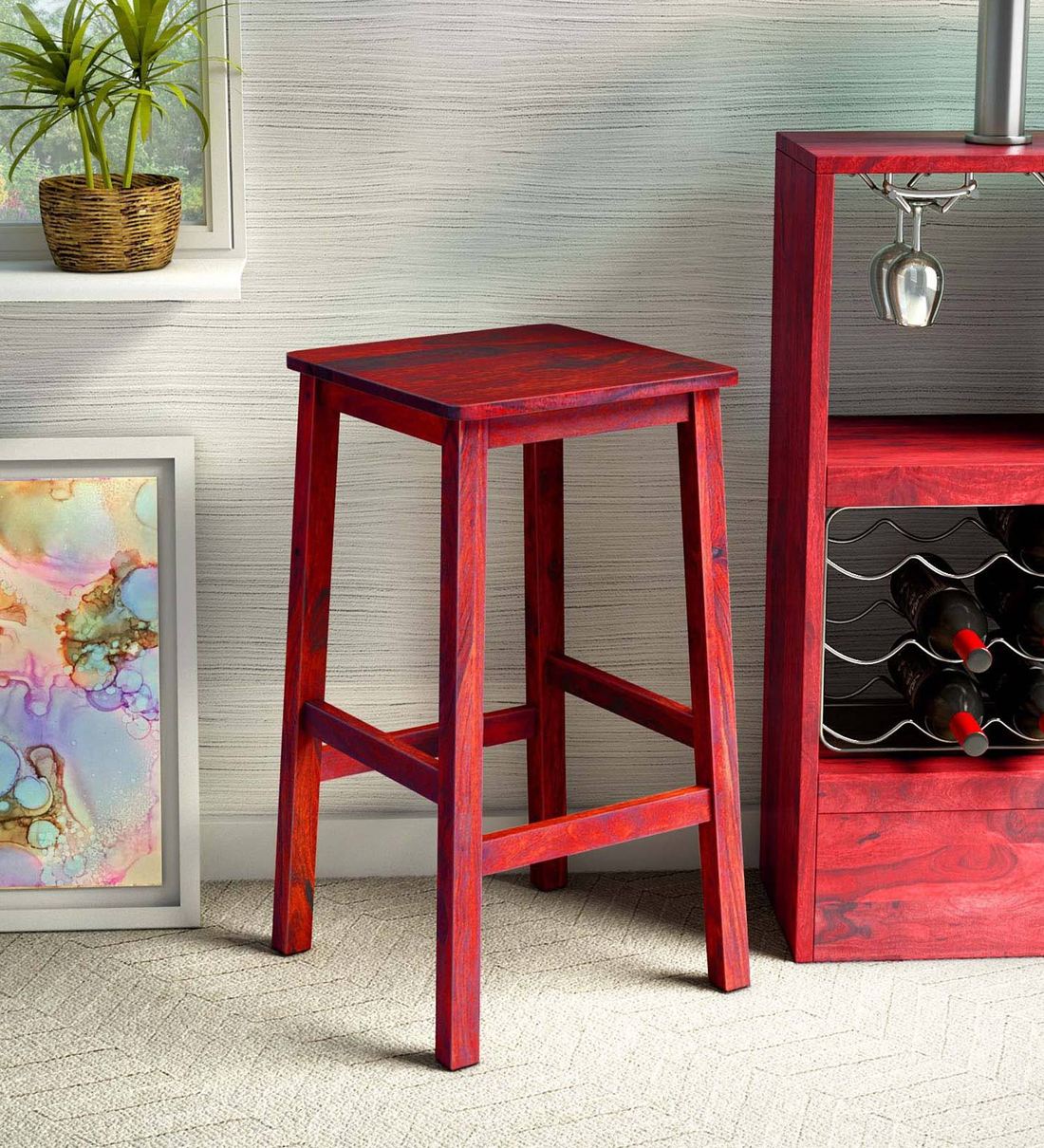 Buy Abbey Solid Wood Bar Stool in Spicy Red Finish at 2 OFF by