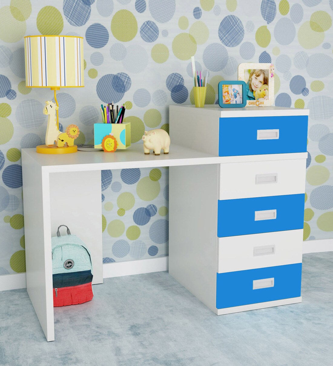 Buy Abby Study Table with DrawersIII in Blue & White Colour by UNiCOS