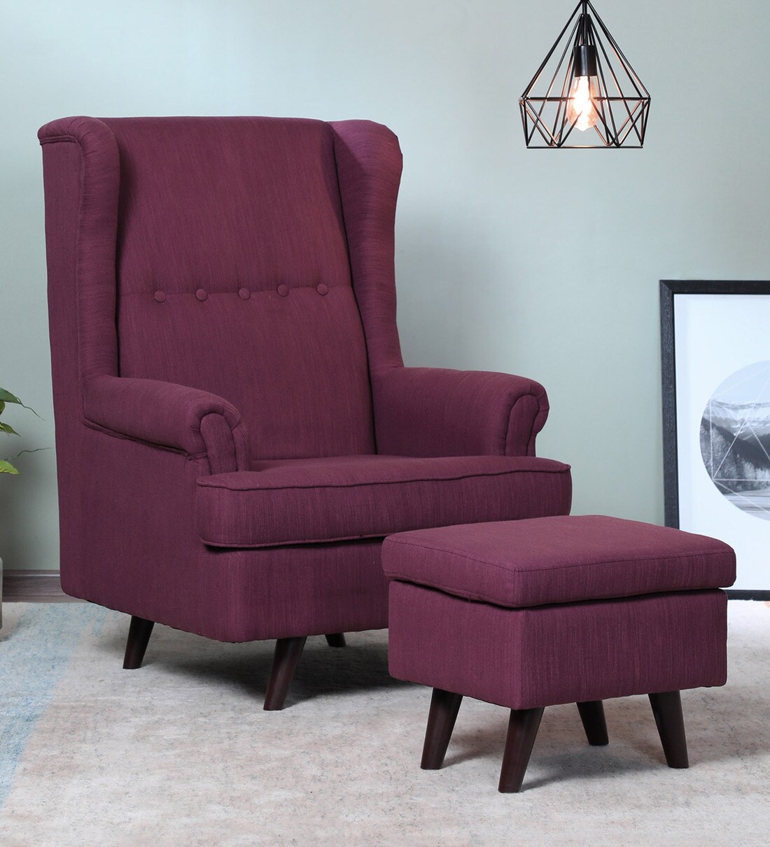 Buy Abdero Wing Chair With Stool In Wine Colour Casacraft By Pepperfry Online Solid Color Wing Chairs Chairs Furniture Pepperfry Product