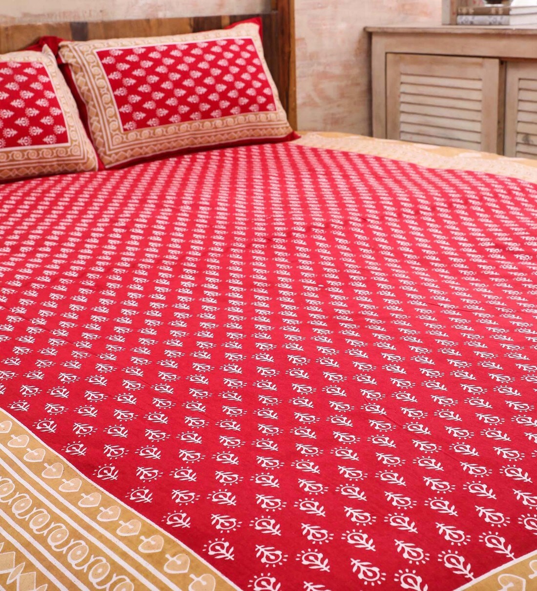 Buy Red Traditional 220 TC Cotton 1 Double Bedsheet with 2 Pillow