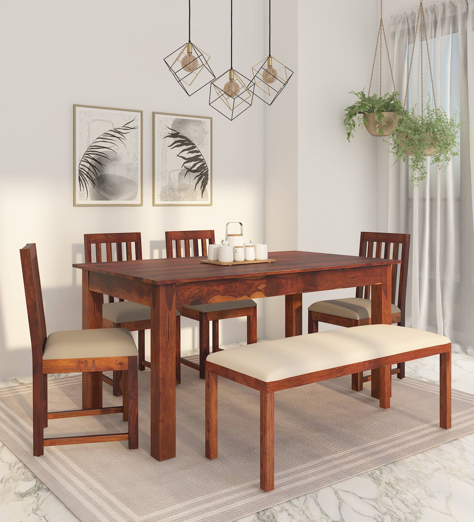 Abbey Sheesham Wood 6 Seater Dining Set In Honey Oak Finish With Bench