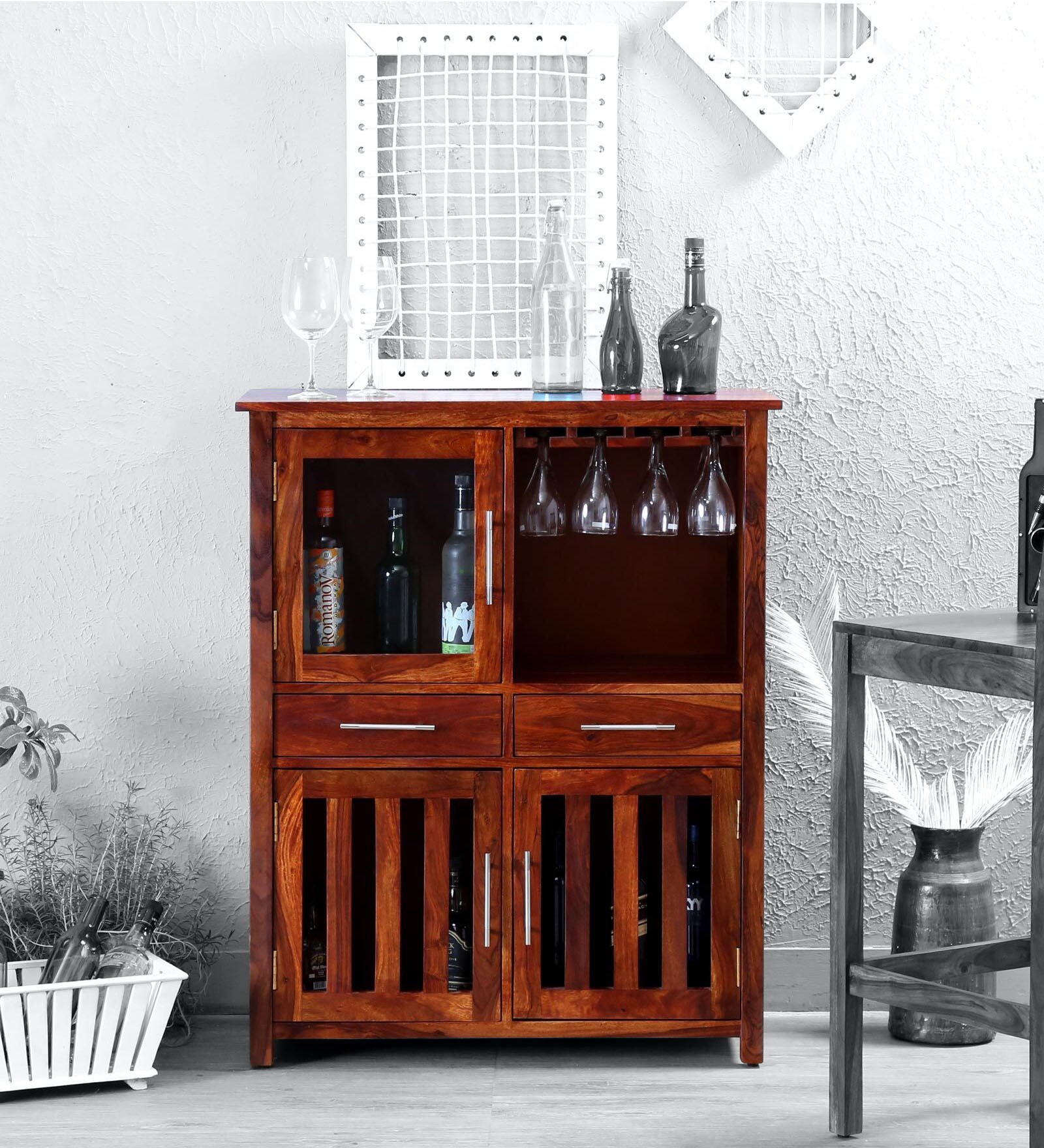 Abbey Sheesham Wood Bar Cabinet in Honey Oak Finish
