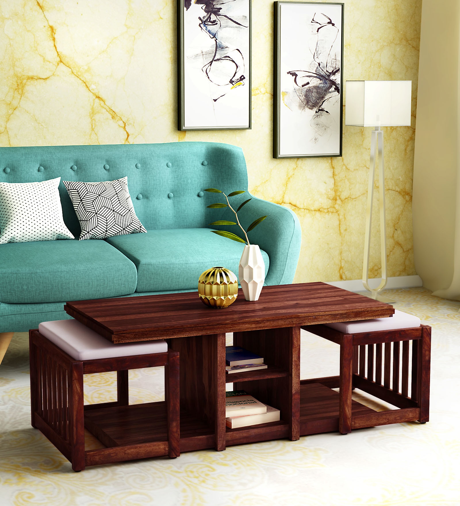 Abbey Solid Wood Coffee Table Set With Two Stools In Honey Oak Finish By Woodsworth Buy Online In Qatar At Qatar Desertcart Com Productid 144786744