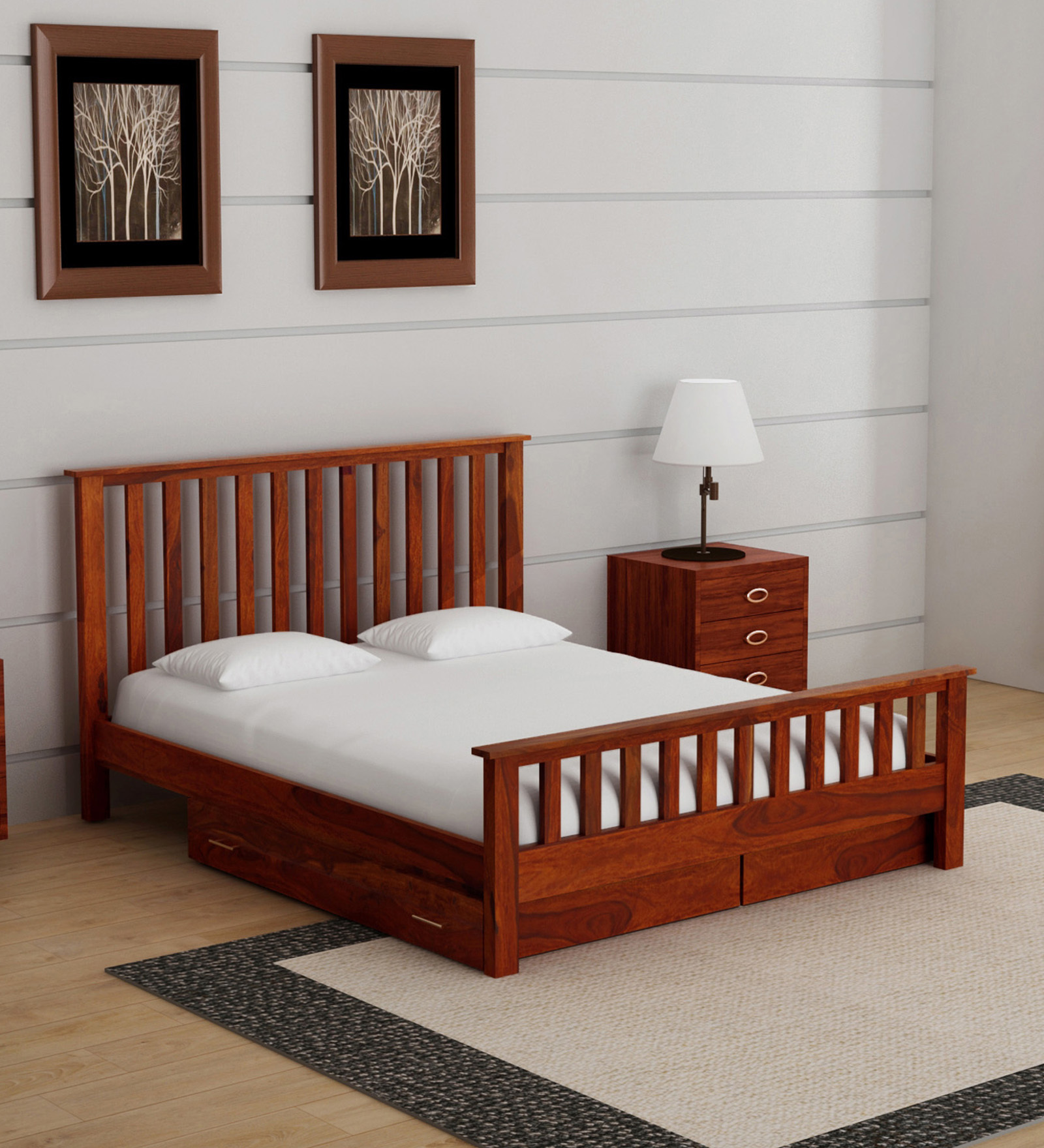 Abbey Sheesham Wood Queen Size Bed With Drawer Storage In Honey Oak Finish