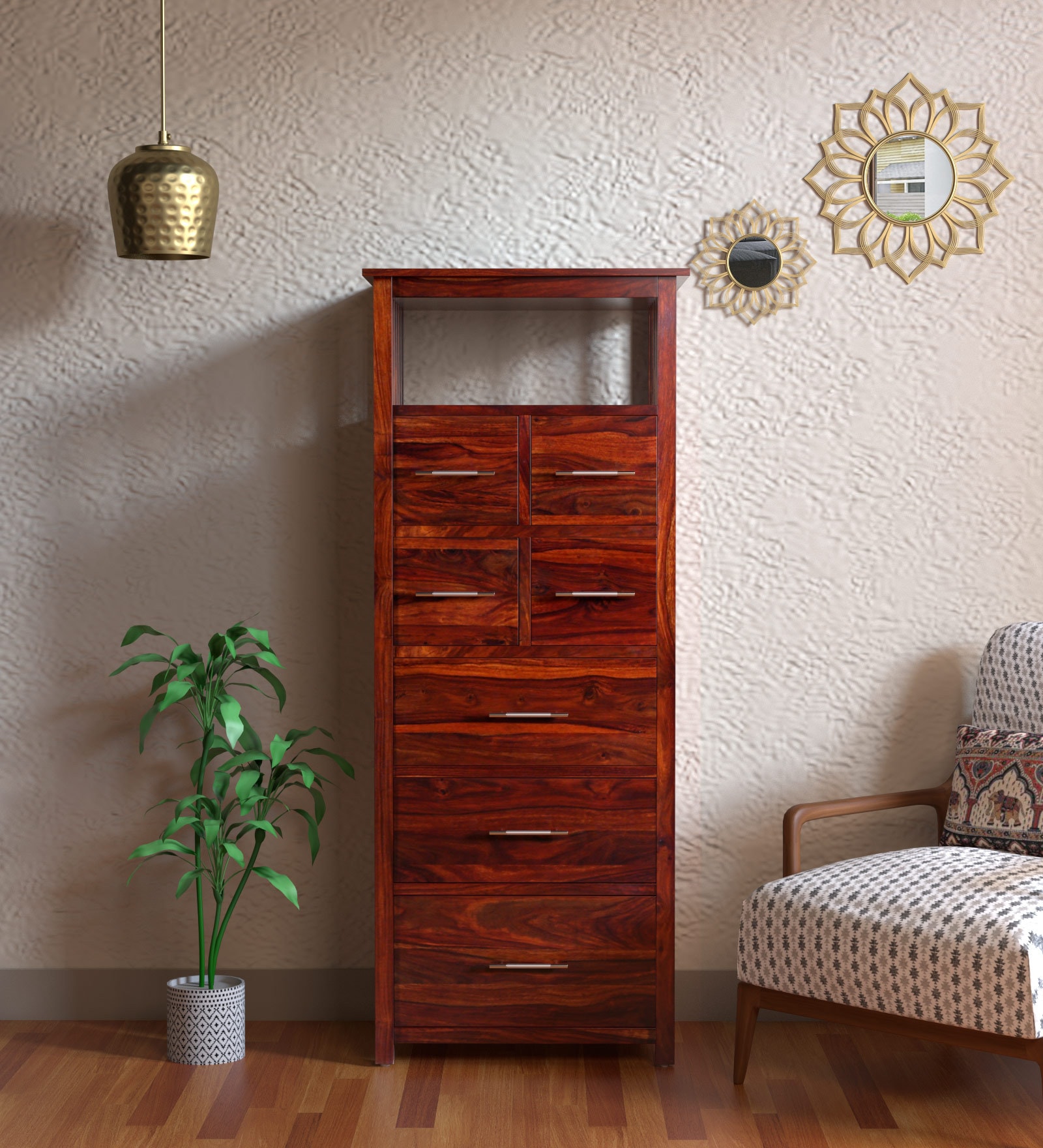 Abbey Tall Solid Wood Chest Of Drawer In Honey Oak Finish By