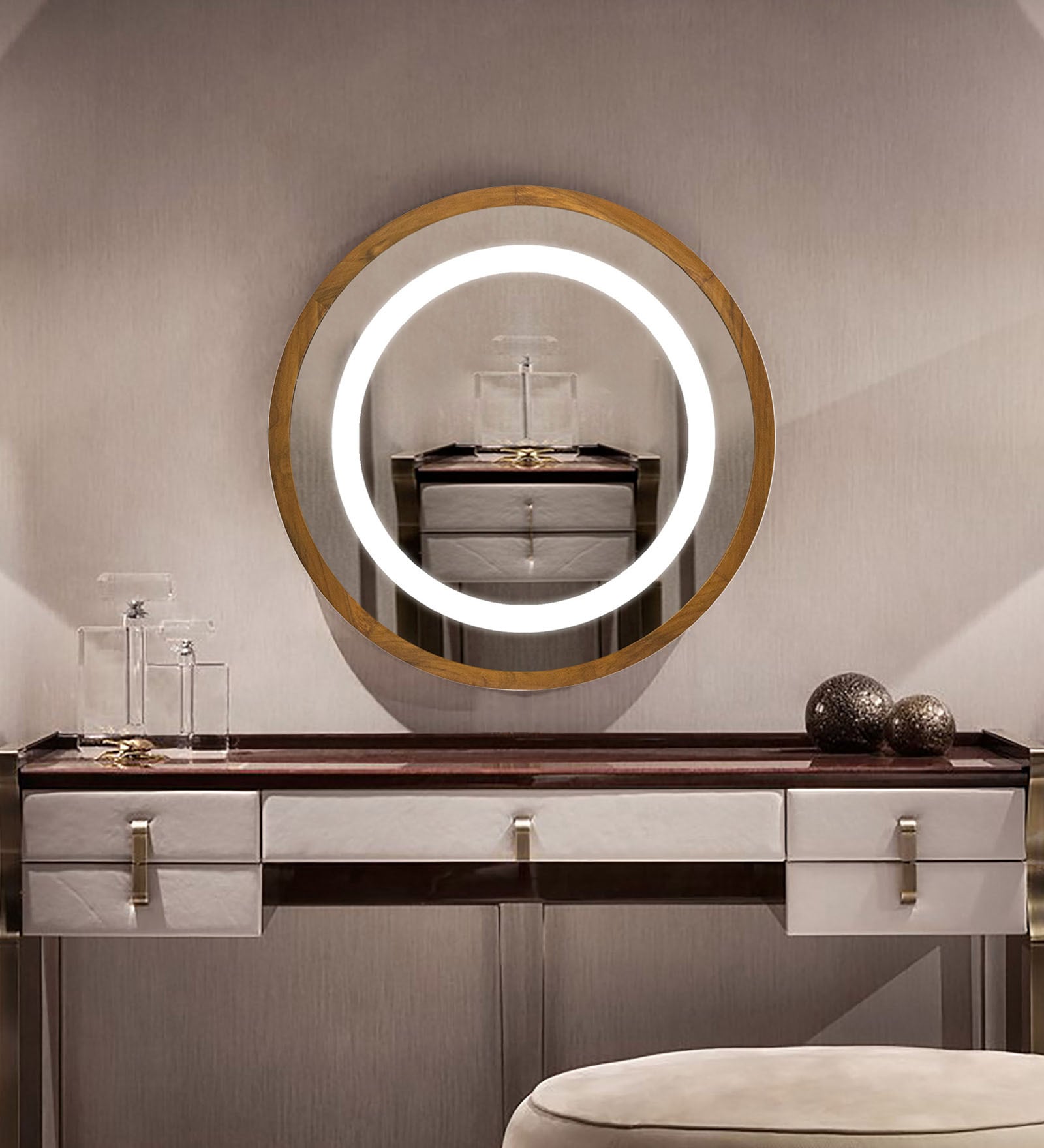 Buy Abigail Led Back-Lit Round Wall Mirror in Solid Wood Frame by ...