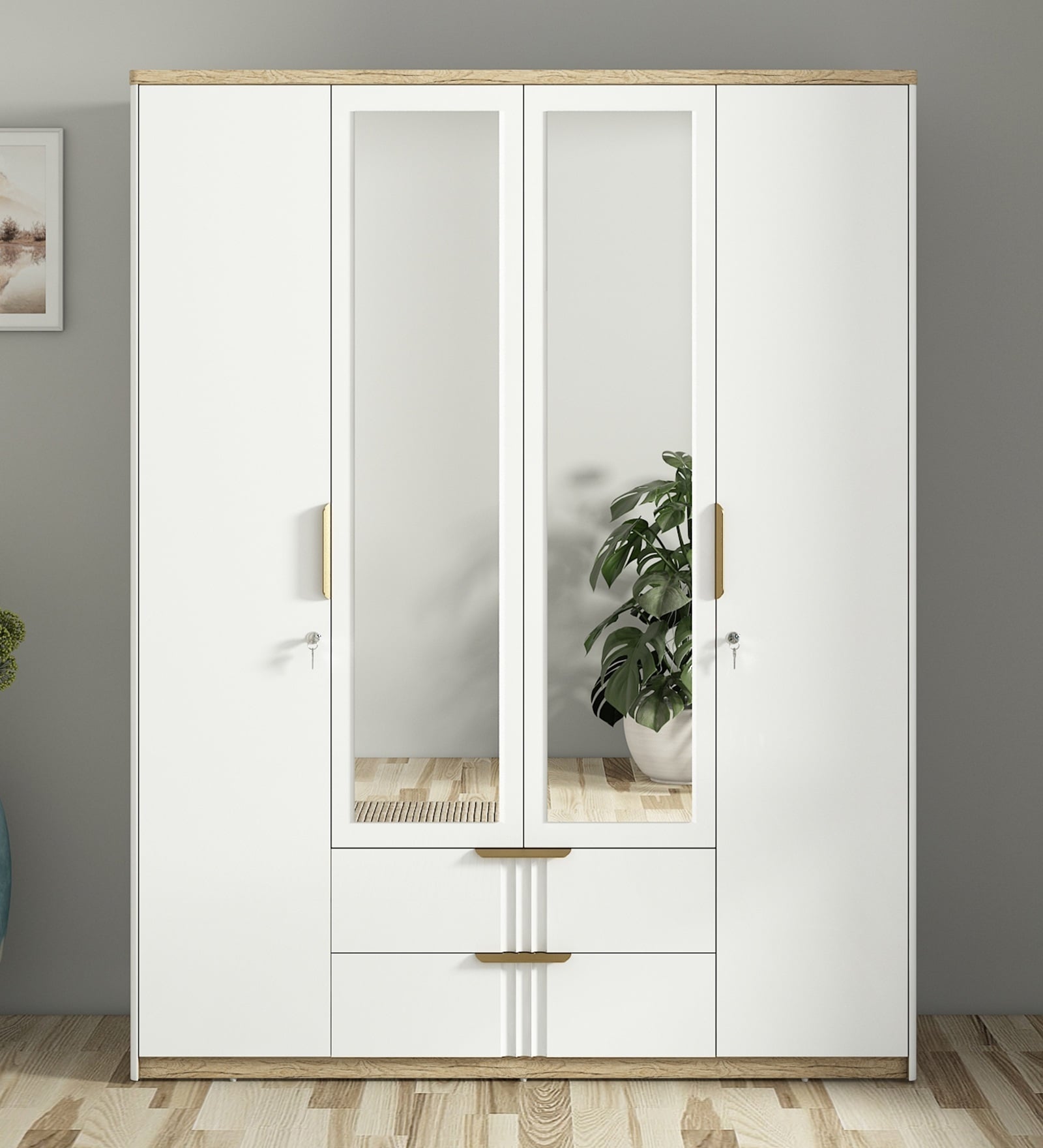 Abran 4 Door Wardrobe With Mirror & Locker In High Gloss White Finish