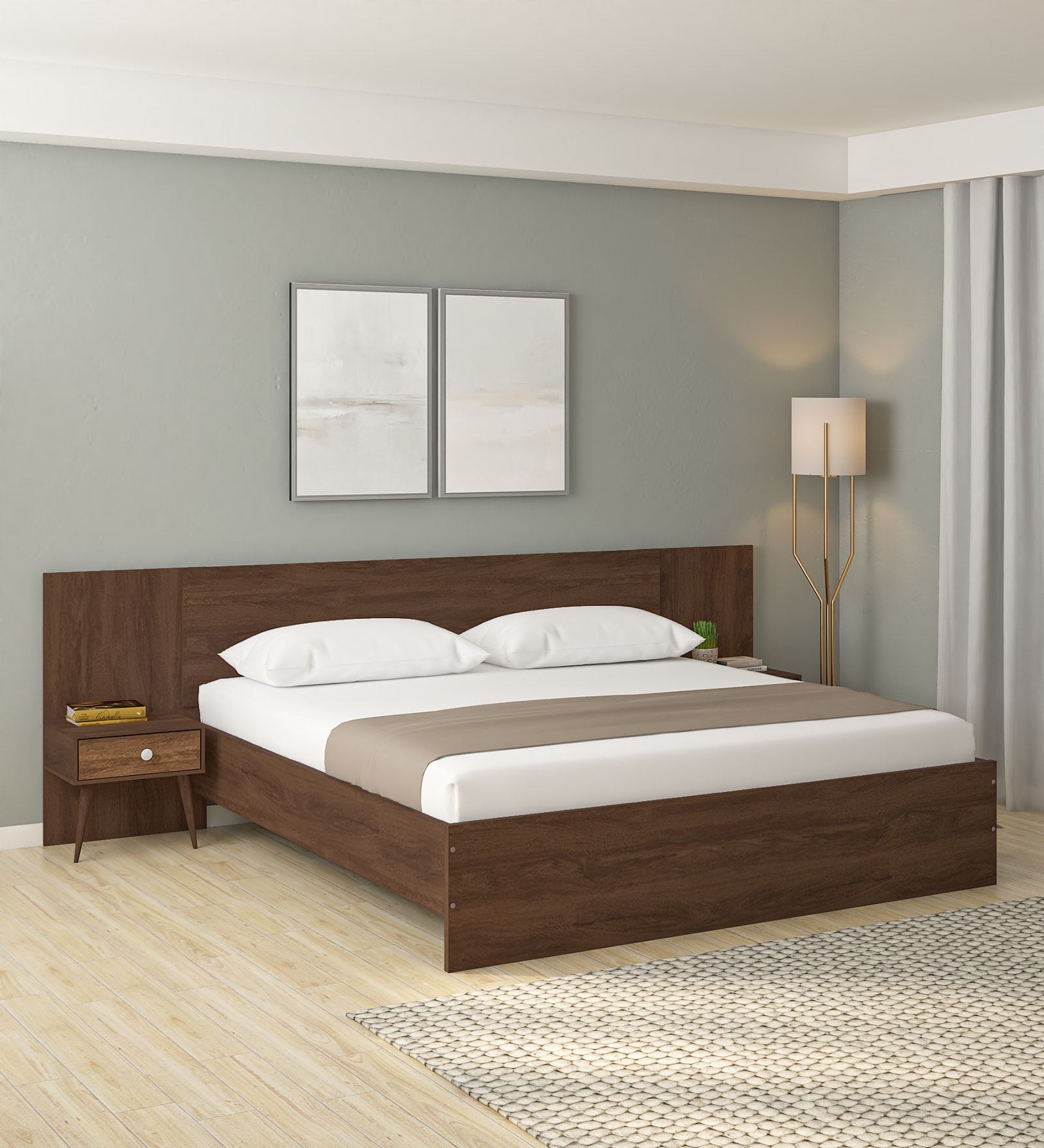Abran King Size Bed In Brown Colour With Bedside Tables