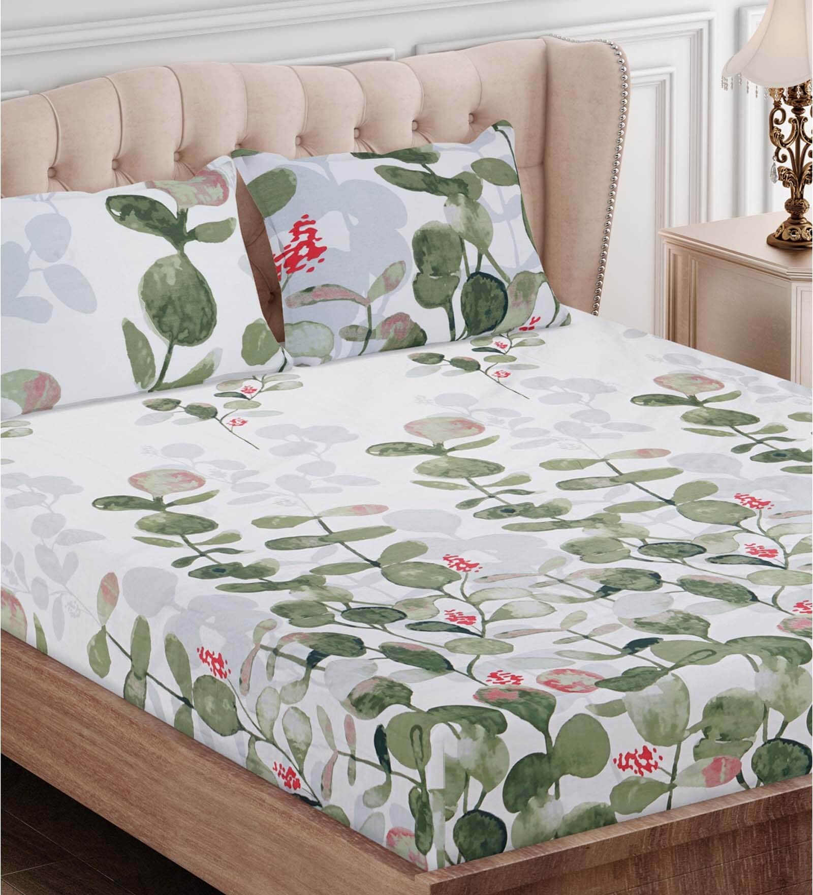 Green Floral 210 TC Cotton Queen Sized Bed Sheets with 2 Pillow Covers