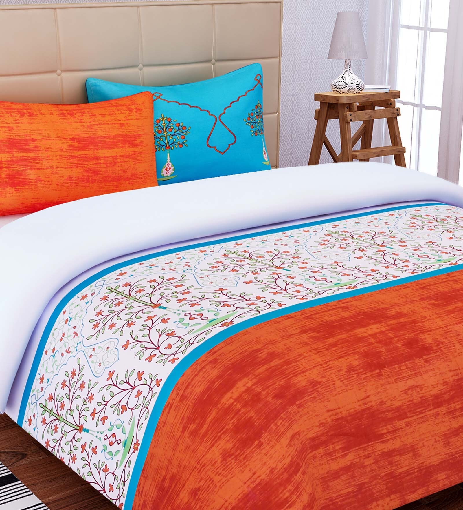 Orange Floral 220 TC Cotton King Sized Bed Sheets with 2 Pillow Covers