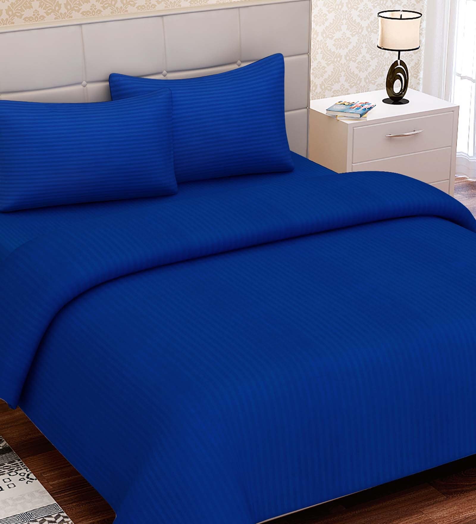 Blue Striped 220 TC Cotton King Sized Bed Sheets with 2 Pillow Covers