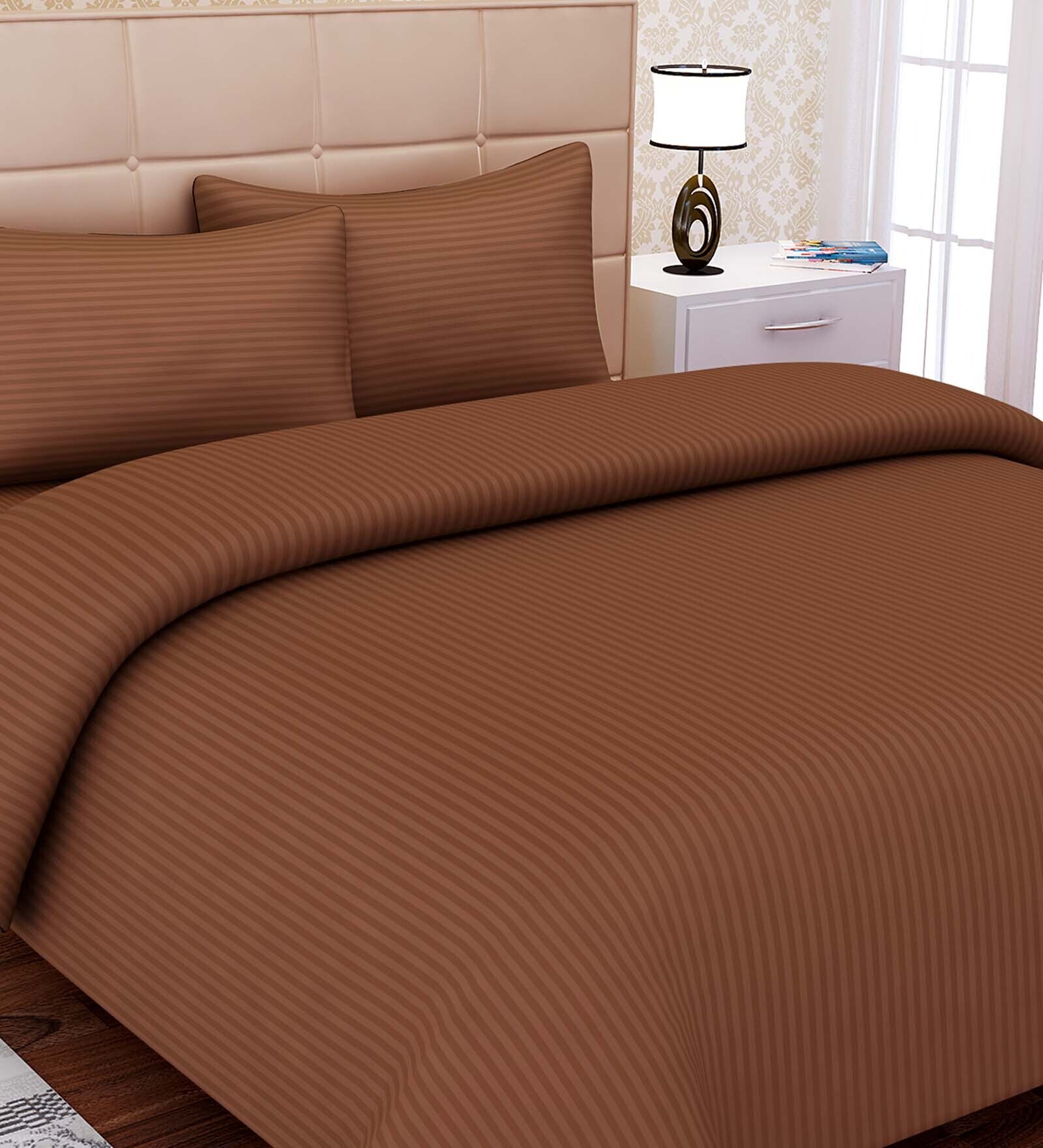 Brown Striped 220 TC Cotton King Sized Bed Sheets with 2 Pillow Covers
